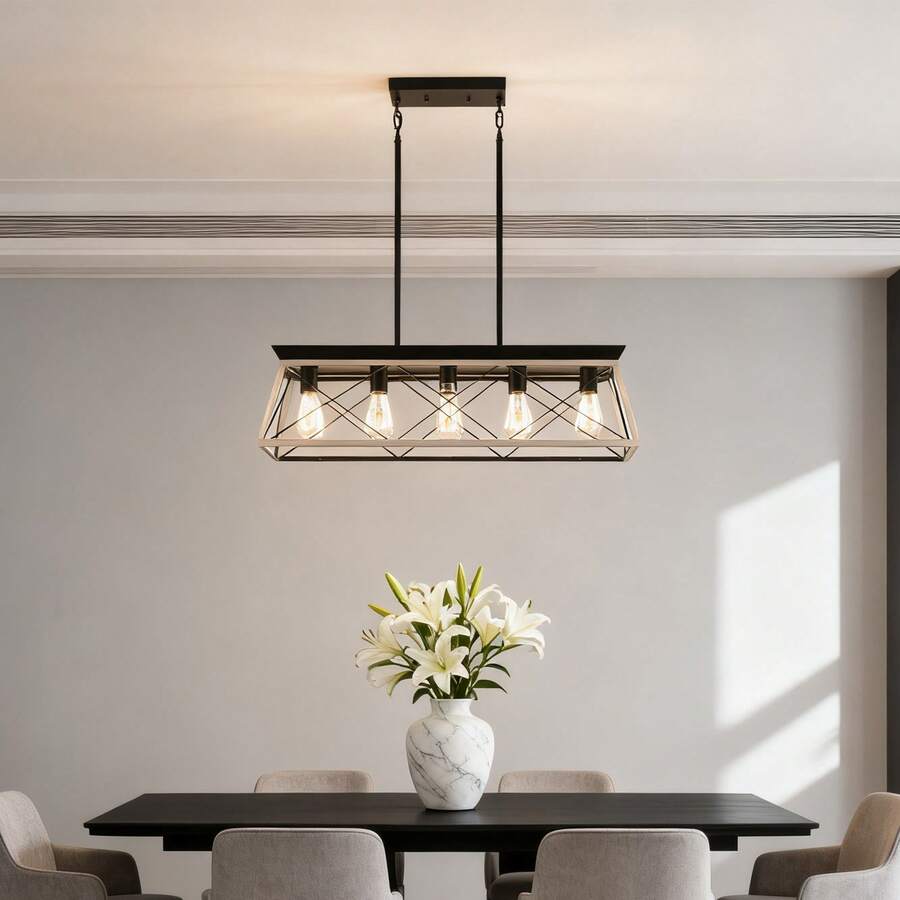5-Light Farmhouse Linear Chandelier - Rustic White Metal Rectangular Pendant Light, Ceiling Fixture For Dining Room, Kitchen Island, Breakfast Bar & Entryway (Local Delivery) - 白色 - 查看 1