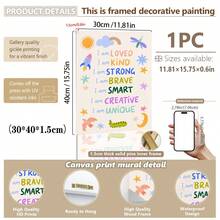 1 tranh vải canvas treo tường kèm khung, dành cho phòng trẻ em, với những câu khẳng định tích cực. Hình minh họa sống động, câu nói "Tôi là...". Thông điệp truyền cảm hứng. Thích hợp trang trí phòng trẻ em, phòng em bé, phòng chăm sóc trẻ em, trường mẫu giáo, phòng bé trai/bé gái, phòng vui chơi. Chống thấm nước. Quà tặng trang trí tiệc. - Nhiều màu - Xem 17