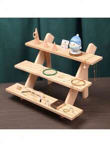 1pc Wooden Stepped Jewelry Display Stand, Creative Accessories Display Rack, Jewelry Organizer, Dessert Display Shelf, Tabletop Figurine Collection Rack, Minimalist Wooden Storage Display Shelf - Beige - View 3