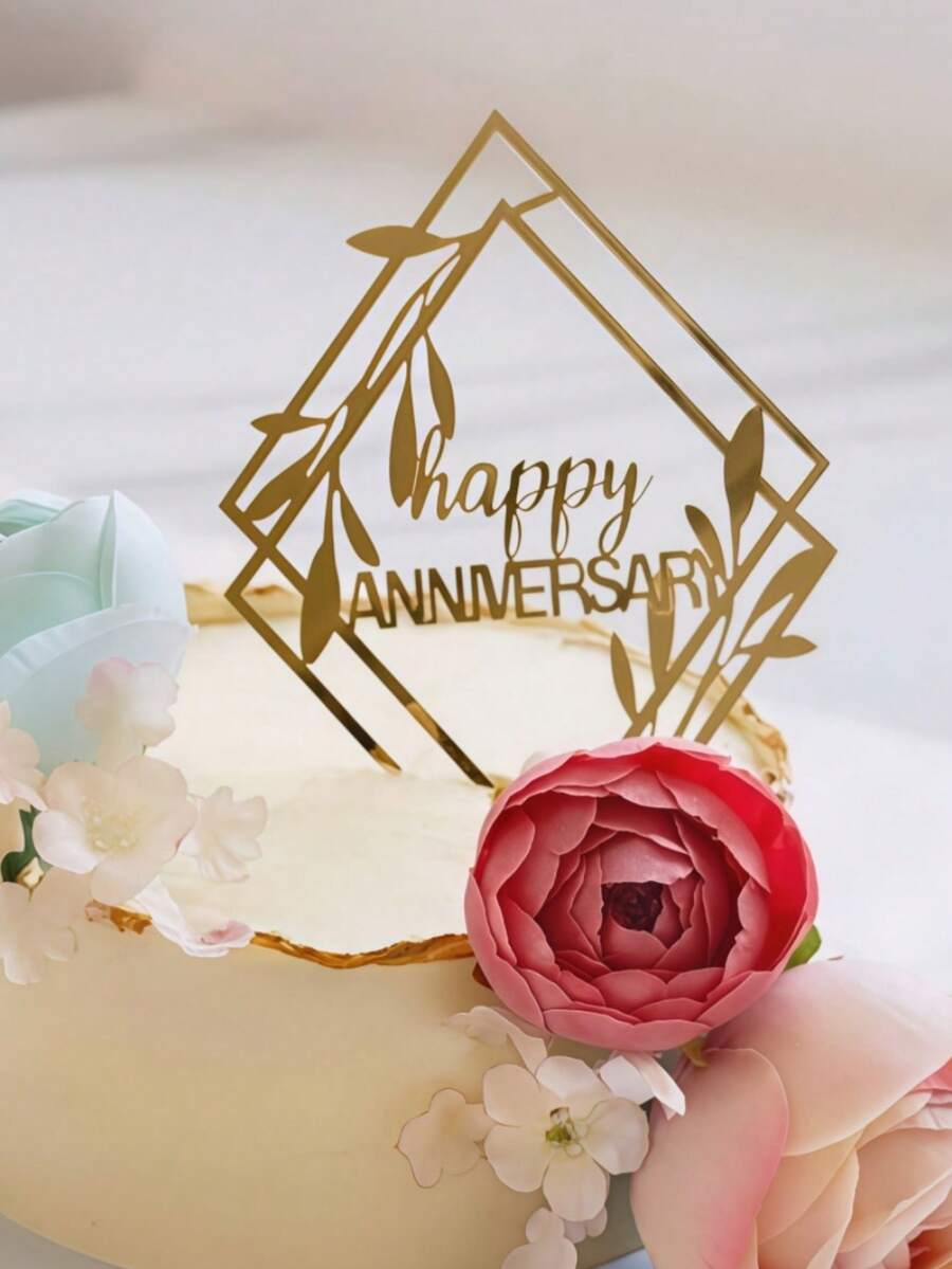 1pc/3pcs/3pcs Happy Anniversary Acrylic Cake Topper, Anniversary Cake Decorations, Valentine's Day Cake Decor, Wedding Anniversary Cake Decor, Home & Kitchen Essentials, Baking Decorations, Baking Supplies, Cake Decorations - Gold - View 1