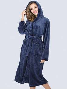 1pc Women's Minimalist Solid Color Thick Flannel Hooded Robe, Warm And Suitable For Home Use In Autumn/Winter - Navy Blue - View 2