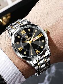 2pcs Stainless Steel Couple Watches, Alloy Strap & Dial, Dual Calendar Date Display, Rhinestone Marked Quartz Wristwatch, Valentine's Day Gift - Multicolor - View 2
