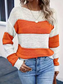 Contrast Color Striped Casual Pullover Sweater - Coral Orange - View 2