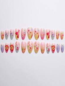 24pcs Medium Almond Pressed Nail Art Set With Colorful Pointed Nails And Flower Design, Glossy Full Coverage, Suitable For Everyday Wear And Summer For Women And Girls
