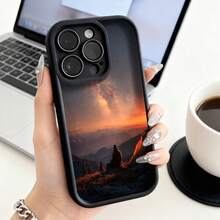 Cubierta de teléfono con borde negro diseño de atardecer en montaña para iPhone 14 Pro Max protector de pantalla resistente a golpes ideal para uso diario y viajes - Blanco - Ver 3