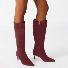 GOTHICTOR Women's Burgundy Knee High Boots Kitten Heel Stiletto Pointed Toe Faux Suede Long Boots Side Zipper Chic Low Heel Tall Boots - 酒紅色 - 查看 2