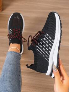 2025新款网面运动鞋，女士夏季流行鞋款，百搭时尚透气运动休闲鞋 - 黑色 - 查看 1