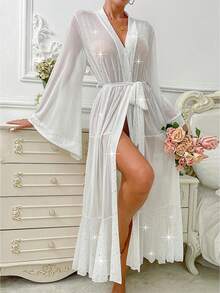 Women's Bathrobe Flare Long Sleeve Sequin See Through Nightgown With Ruffle Hem Belted Sleepwear, Romantic Shiny Rhinestone Star Sheer Mesh Maxi Robe - White - View 5