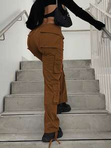 Women's Utility Jogger Jeans - Loose Fit Cargo Pants With Drawstring Hem & 9 Pockets, Streetwear Tactical Denim Trousers For Women, Comfort Stretch Workwear Pants - màu nâu - Xem 2