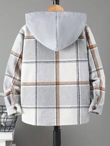 Boys' Hooded Lapel Brushed Plaid Jacket - Grey - View 2
