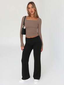 Womens Long Sleeve Shirts Square Neck Going Out Crop Tops Fashion Y2k Workout Clothes Fall Outfits 2025 - 咖啡灰 - 查看 5