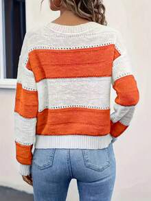 Contrast Color Striped Casual Pullover Sweater - Coral Orange - View 3