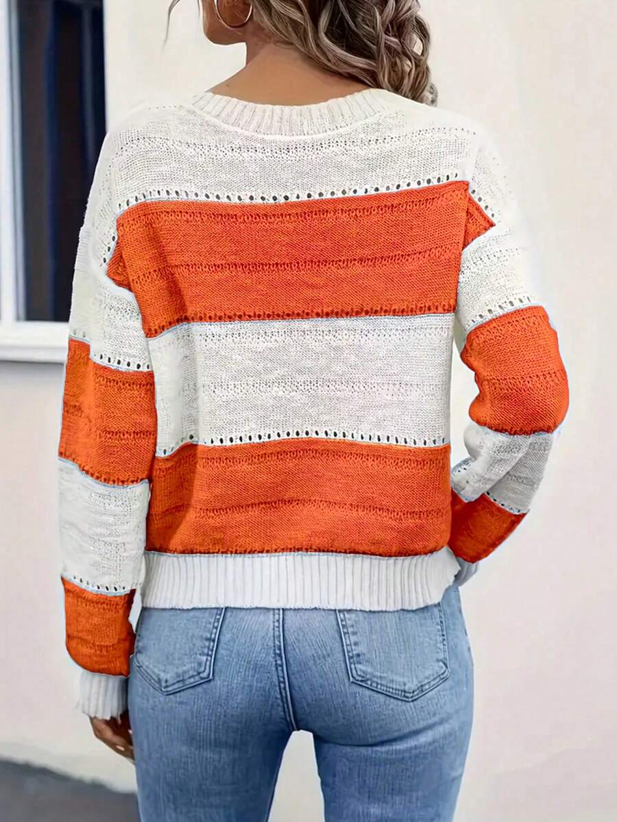 Contrast Color Striped Casual Pullover Sweater - Coral Orange - View 1
