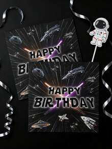 48张13英寸 x 13英寸科幻主题一次性餐巾纸，黑色背景，印有宇宙飞船、光剑和“生日快乐”字样，适合生日派对和科幻主题活动。 - 彩色 - 查看 4