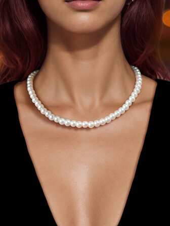1條復古珠寶白珠鏈假珍珠項鍊女領子飾品日常派對珠寶