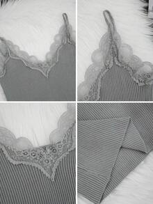 女士蕾丝吊带背心，V领蕾丝拼接针织上衣，适合返校季休闲夏季穿着 - 灰色 - 查看 8