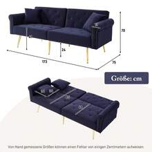 Modern 2-Seater Sofa Bed - Velvet Cover, 3-Level Adjustable Backrest And Gold Metal Legs - Elegant Sofa With Sleeping Function - Space Saving, Load-Bearing, Ideal For Small Rooms - Antique Blue + Foam + 2 Seat - View 4