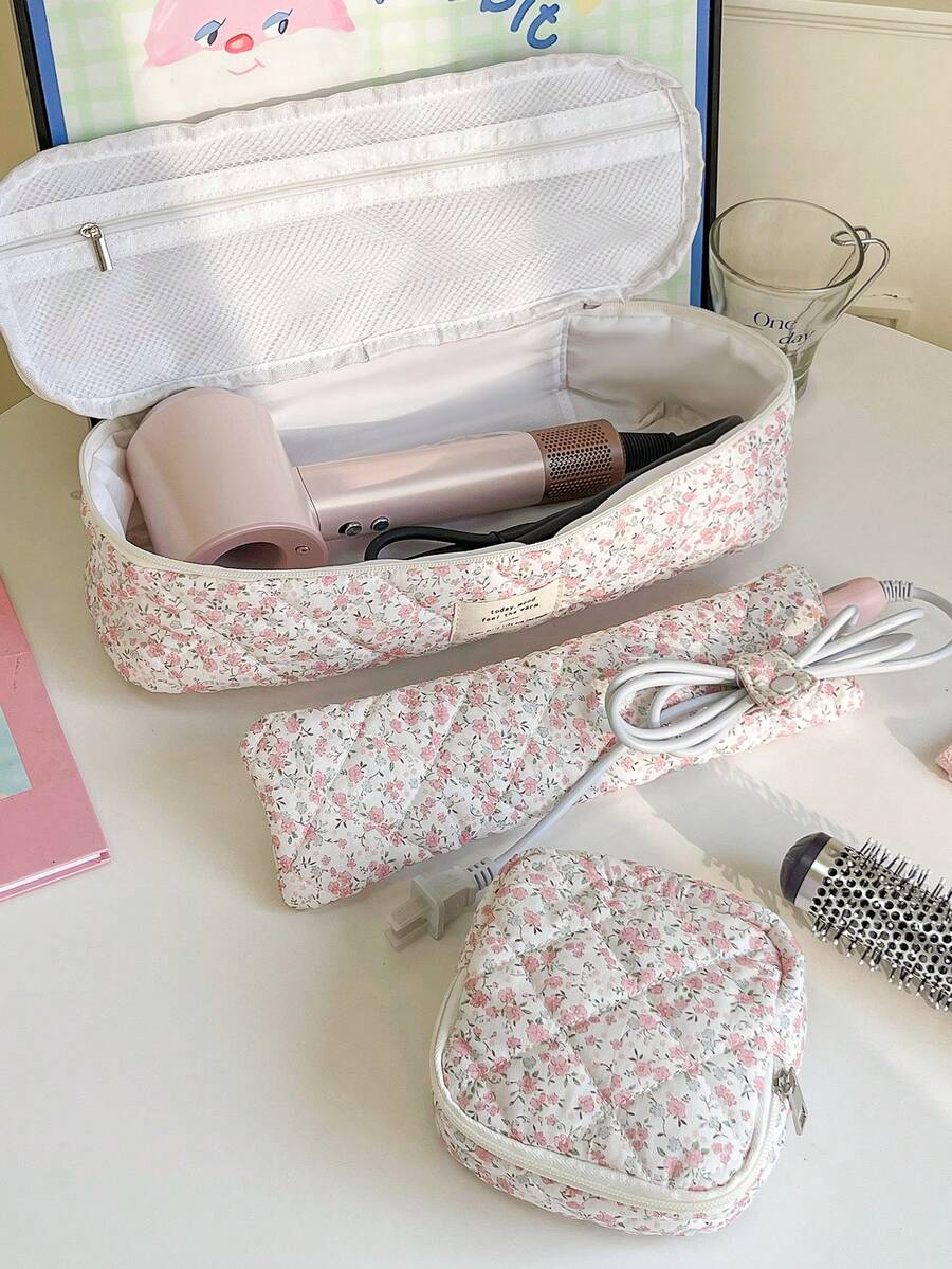 Zestaw pikowanych toreb podróżnych z motywem kwiatowym, przenośna torba do przechowywania, torba na suszarkę do włosów z zamkiem błyskawicznym, torba na lokówkę, torba do przechowywania spinek do włosów, torba podróżna na wałki do włosów z pyłoszczelną rączką, lekki futerał ochronny na suszarkę do włosów, duża pojemność, organizacja przechowywania w domu na święta, do pokoju, biura, na biurko, wielofunkcyjna torba do przechowywania, kosmetyczka, dekoracja pokoju, artykuły szkolne, niezbędne w podróży, kosmetyczka, kosmetyczka na rejs, organizer na kosmetyki, saszetka, kosmetyczka, niezbędny w podróży - Wielokolorowe - Zobacz 1