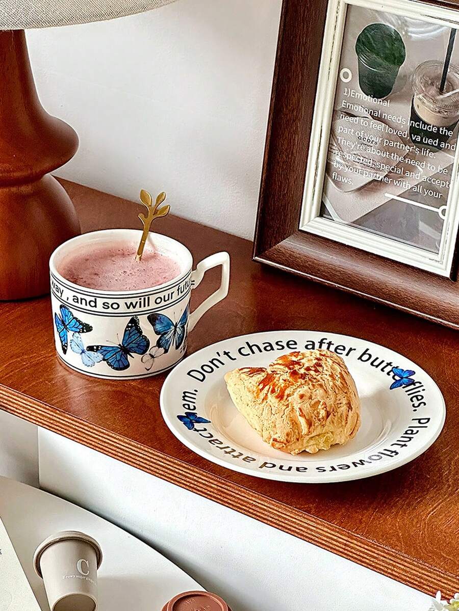 一套蓝色蝴蝶字母陶瓷杯碟，法式浪漫下午茶杯，适合日常饮水/咖啡、聚会、下午茶 - 彩色 - 查看 1