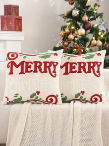 Miater 1pc/2pcs Christmas Decorative Pillow Cover, Plush Embroidered Farmhouse Style For Living Room Sofa, Holiday Gift - Red - View 7