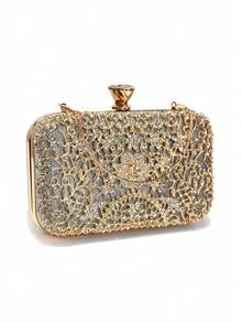 镂空钻石手拿包奢华金属水钻晚宴包翻盖派对婚礼手提包