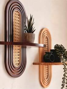 1pc Mid-Century Modern Boho Wooden Wall Shelf With Woven Rattan Detail - Bohemian Retro Vintage Minimalist Home Decor, Decorative Floating Shelf For Small Planters, Aesthetic Wall Art Decor For Living Room, Bedroom, Dining Room, Bathroom, Office