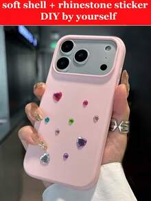 DIY 奢华 3D 贴纸高品质液态硅胶 TPU 手机壳，最新款兼容 17/17 Air/17 Pro/17 Pro Max，也适用于 16、15、14、13、12、11 Pro Max，触感柔软如橡皮擦，糖果色贴纸 DIY 手机壳，手工手机壳，精美礼品 - 粉色 - 查看 2