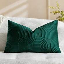 1/2 件天鹅绒毛绒装饰抱枕套几何绗缝枕套蓬松柔软纯色矩形靠垫套 - 綠色 - 查看 7