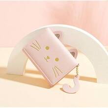 Cartera pequea con diseo de gato en 3D con colgante de cola de tres pliegues, bolsillos para dinero en efectivo, Rosa/ Fun. Pequeo, Triple pliegue - Rosado + Cola de gato - Ver 7