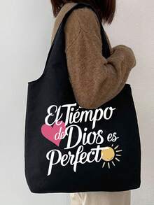 一套帆布单肩包+黑色收纳袋，印有心形、太阳图案和“Tiempo De Dios Perfect”白色文字，便携休闲收纳手提包，方便旅行收纳包，大容量旅行化妆包，手提包，旅行包，多功能购物袋，是购物、婚礼、生日、海滩、假期、返校、圣诞节、感恩节、新年礼物的理想之选。 - 彩色 - 查看 3