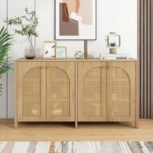Modern Minimalist Style Sideboard With 4 Rattan Doors, Metal Handle, Simple Buffet Cabinet For Dining Room, Living Room, Kitchen (Natural Wood) - 天然纖維+中密度纖維板 - 查看 2