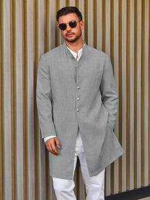 Runcati Mens Kurta Coats  Mandarin Collar Attire  Outfits Wedding Festive Party Clothing Casual Kaftan Robe - 深灰色 - 查看 4