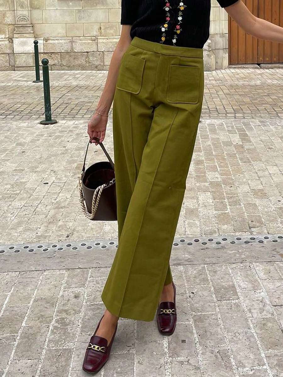 Calça feminina casual elegante de cor sólida, estilo streetwear, modelagem reta e solta. Versátil. - grama verde - Ver 1