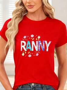 Camiseta de  con Estampado Floral y Letras RANNY para Ocasiones Casuales y Festivas - Rojo - Ver 1
