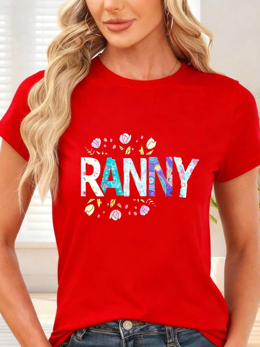 Camiseta de con Estampado Floral y Letras RANNY para Ocasiones Casuales y Festivas - Rojo - Ver 1