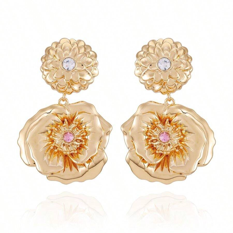 Goldtone Flower Drop Earrings, One Size, Metal, Glass Stone - B0CP4J8LW2 - View 1