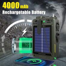 复古便携式应急无线电收音机 - AM/FM/WB/SW/NOAA 天气广播，配备无线蓝牙，4000mAh 大容量电池，三种充电方式 - USB 和手摇充电，太阳能充电，手电筒和 LED 阅读灯，SOS 报警和白噪音，适用于户外活动、防灾、露营和季节性灾害暴风雨停电应急手机充电设备，完美礼物 - 軍綠色 - 查看 3