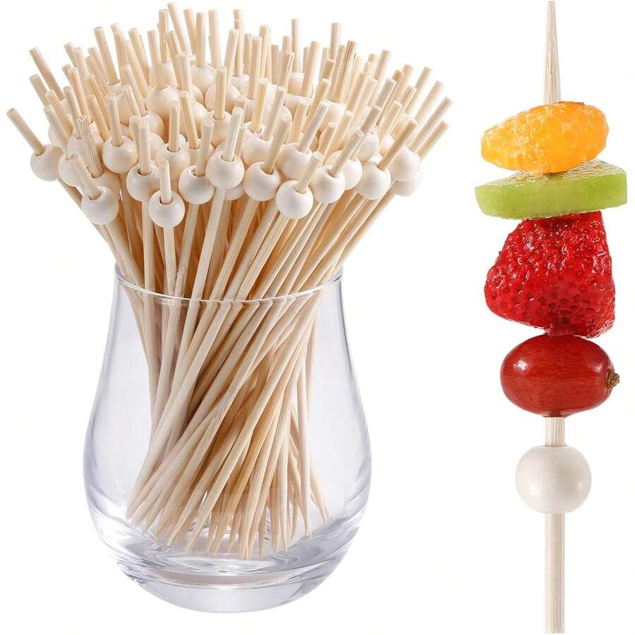 10/20/50/100pcs 200pcs Cocktail Picks, Elegant Appetizer Toothpicks, Bamboo Cocktail Skewers Suitable For Wedding Party Appetizers, Food Picks - Wooden Pearl Style (4.7 Inches) Appetizer Decoration Toothpicks For Party, Wedding Or Daily Use. - Wood Color - View 1