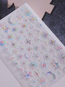 2PCS Winter Colorful Snowflakes 5D Embossed Nail Stickers With White Rhinestone Snow Flower Gradient Nail Decals DIY Decals Self-Adhesive Sliders Nail Art Decoration Manicure Supplies For Christmas New Year Nails - 彩色 - 查看 6