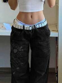 Women's Low Rise Cargo Jeans - Y2K Wide-Leg Baggy Denim Pants With Heart Pattern - Grey - View 3