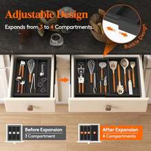 TYUI Utensil Drawer Organizer Expendable Cooking Silverware Tray For Kitchen Drawer Bamboo Adjustable Cutlery Flatware Holder Spatula Tools And Gadgets Storage Divider 4 Compartments Black - 黑色 - 查看 4