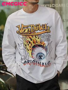 EMCGICC Y2k Long Sleeve Shirt, Urban Art Punk Graphic T-Shirt Cotton 250g, Preppy Lettering Fashion Hip Hop Men's Long Sleeve T-Shirt, Fun Vintage Shirt, Regular Fit, Motocore Street Style, Digital Print, Ideal Gift - 白色 - 查看 2