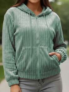 Chaqueta informal para mujer con capucha y cremallera completa, bolsillos, manga larga, tejido liso, ligera y de elasticidad media. - verde menta - Ver 1