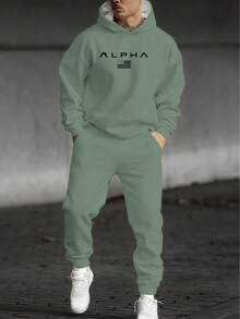 100% 涤纶个性化设计绿色连帽衫，印有“ALPHA”字样和简约标志印花，休闲男士连帽衫+运动裤套装，无内衬 - 彩色 - 查看 1