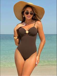 Swim Lushoire Women Solid Color Coffee Casual Beach Holiday One Piece Swimsuit Bikini Set Elegant Bikini Set For Summer Beach Vacation - Coffee Brown - View 1