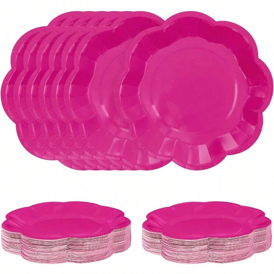 50 PCS Hot Pink Paper Plates 9 Inch Scalloped Dessert Plates Hot Pink Disposable Plate For Party Dinner Wedding Baby Shower Birthday Cake Plate - 亮粉色紙盤 - 查看 1