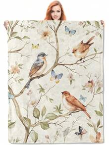 Birds And Butterflies Throw Blanket Gifts, Soft Cozy Fleece Blanket With Nature Floral Print, Blanket For Couch Bed Sofa, Perfect For Nature Lovers And Spring Decor, 50x60 In - Color328 - View 1