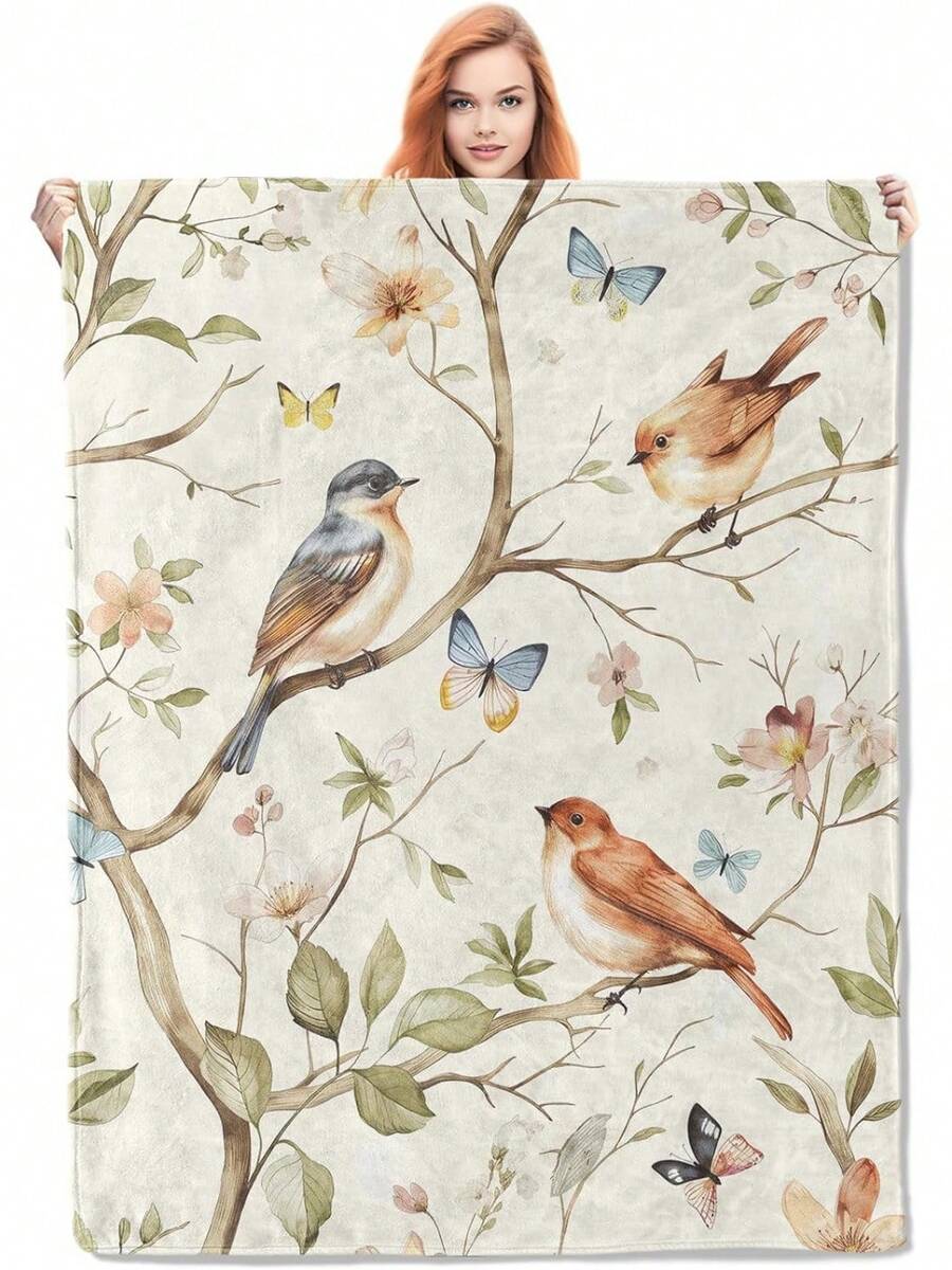 Birds And Butterflies Throw Blanket Gifts, Soft Cozy Fleece Blanket With Nature Floral Print, Blanket For Couch Bed Sofa, Perfect For Nature Lovers And Spring Decor, 50x60 In - Color328 - View 1