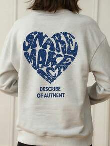 女式休闲宽松图案印花灰色圆领运动衫，秋季 - 灰色 - 查看 3