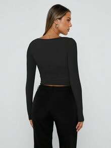 Womens Long Sleeve Shirts Square Neck Going Out Crop Tops Fashion Y2k Workout Clothes Fall Outfits 2025 - 咖啡灰 - 查看 9